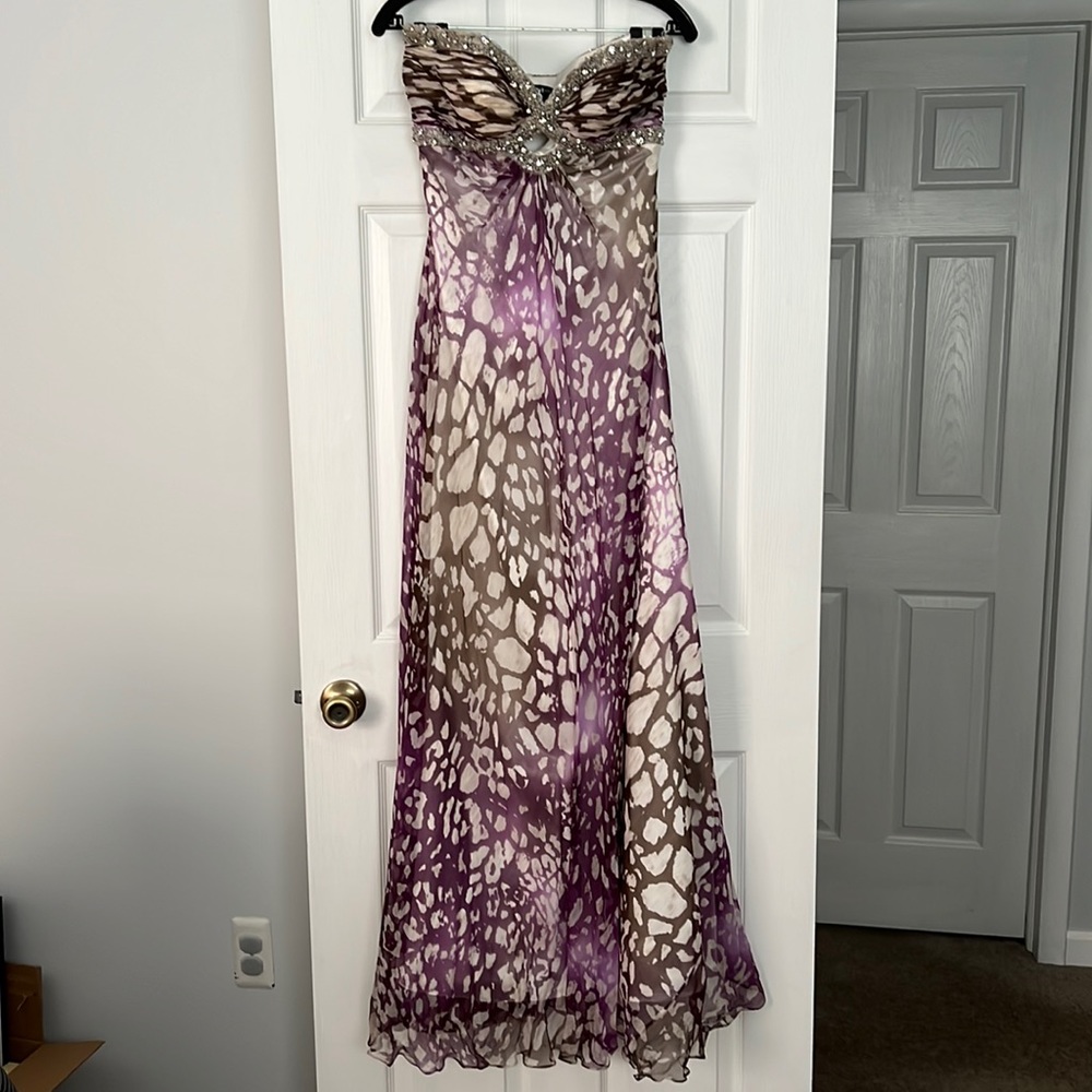 Gorgeous floor length strapless purple and brown print with beading dress